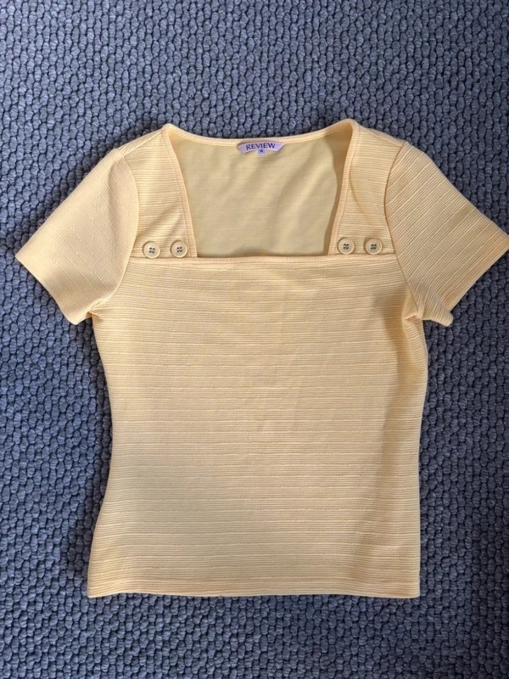 REVIEW Pale Yellow Short Sleeve Square Neck Top with Button Detail